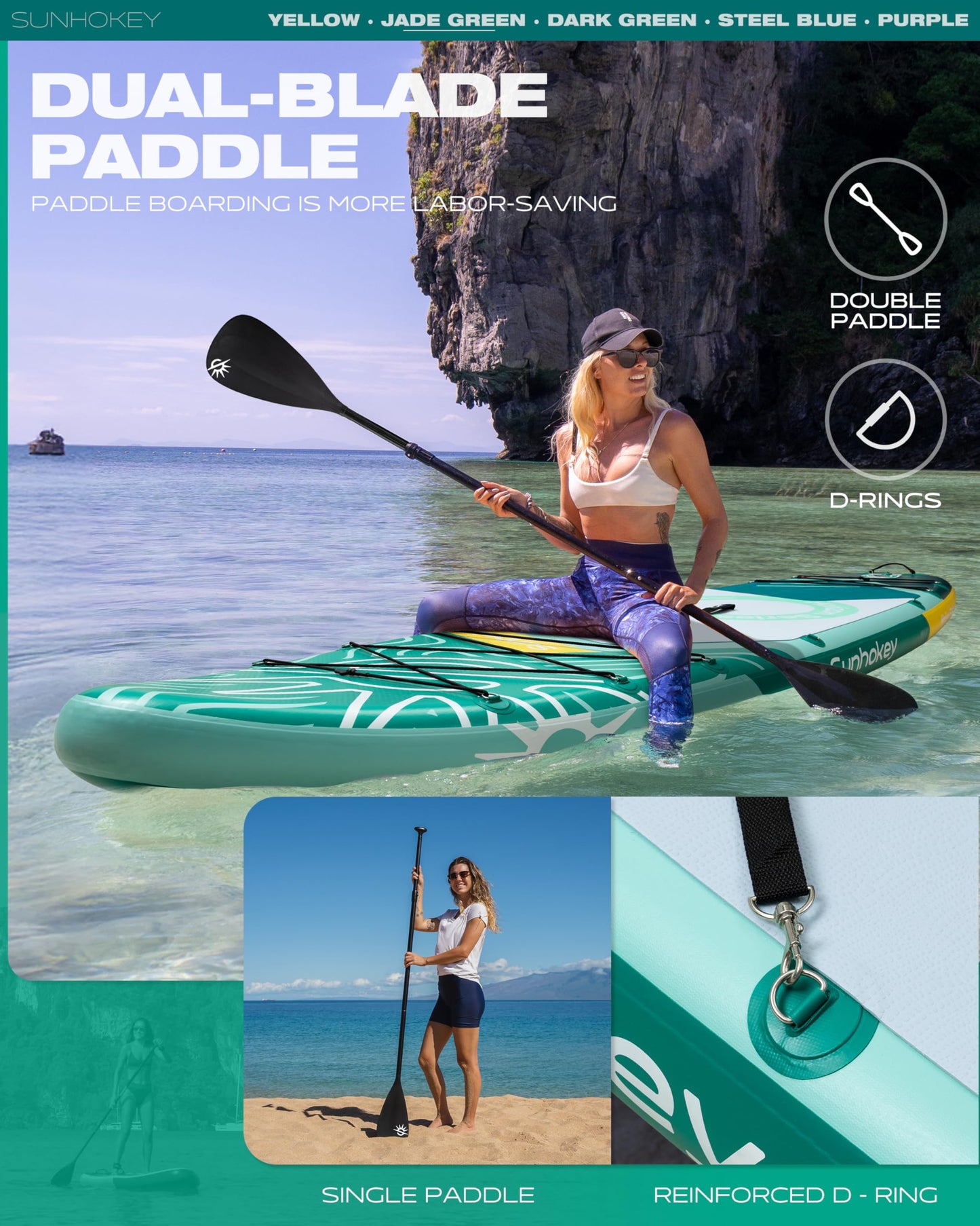 SUNHOKEY 11'×34'' Extra Wide Inflatable Paddle Board with Seam Welded Technology, Stand Up Paddle Board, 420lb Capacity for Adults, Sup Board for All-Level with 2-Blade Paddle/Dual-Action Pump/Leash