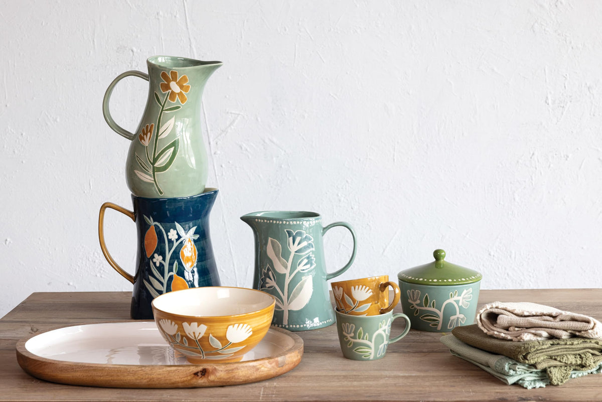 Creative Co-Op Hand-Painted Stoneware Pitcher with Wax Relief Pattern, Blue