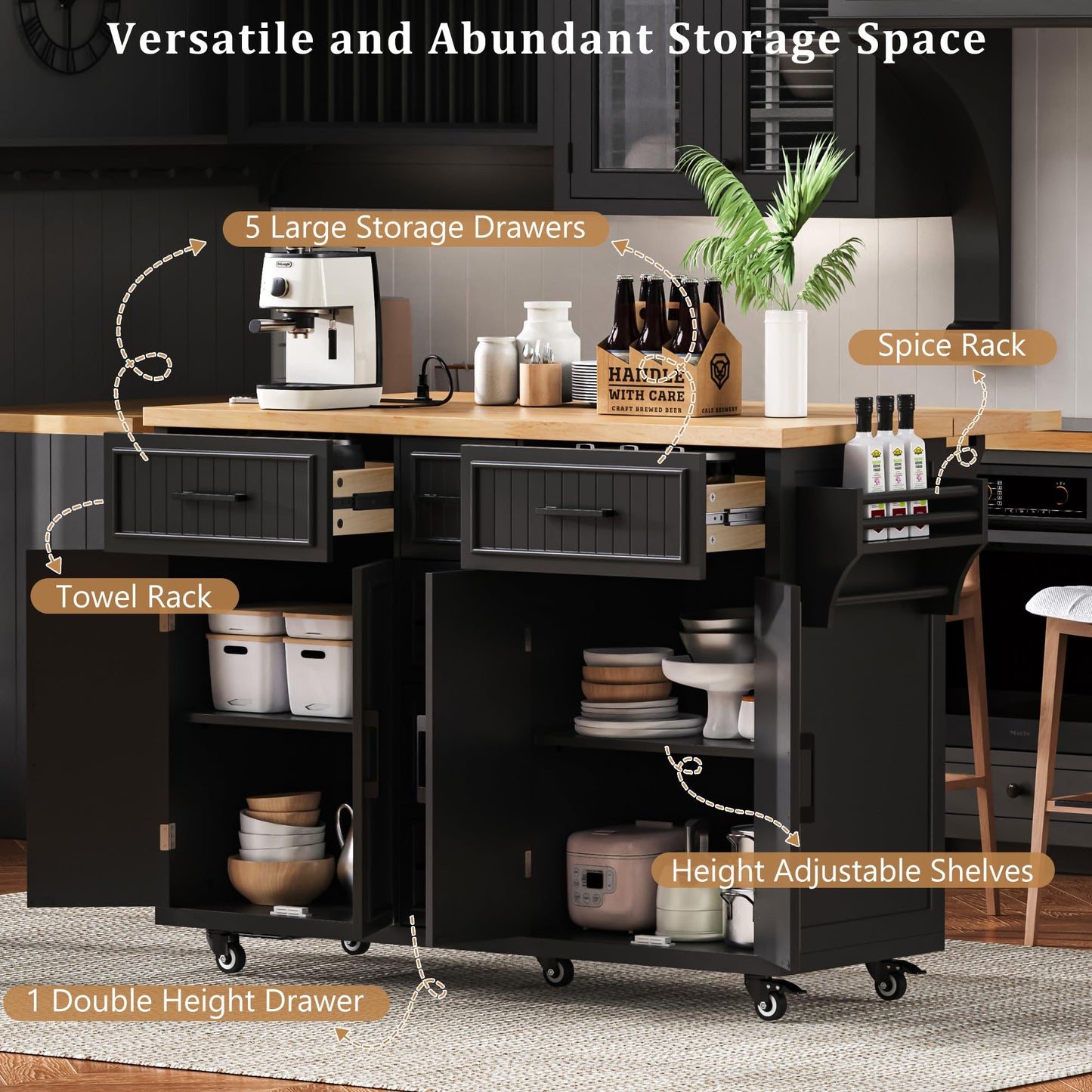 Trygoal Kitchen Island with Power Outlet and Drop Leaf, 56.5" Rolling Kitchen Cart on Wheels with 5 Drawers & 4 Soft-Closing Doors, Mobile Kitchen Island with Embossed Stripe for Dining Room, Black