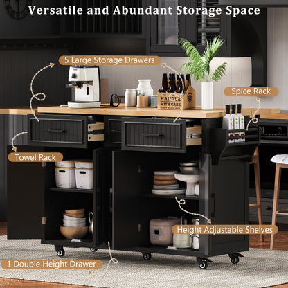 Trygoal Kitchen Island with Power Outlet and Drop Leaf, 56.5" Rolling Kitchen Cart on Wheels with 5 Drawers & 4 Soft-Closing Doors, Mobile Kitchen Island with Embossed Stripe for Dining Room, Black