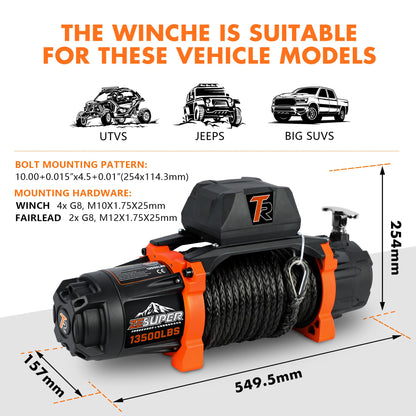 ZESUPER 13500 lb Load Capacity 12V Electric Winch 100ft Synthetic Rope Hook Winch Kit for Jeeps Trailer Truck SUV Waterproof IP68 Winches with Hawse Fairlead and 2 in 1 Wired&Wireless Handle Remote