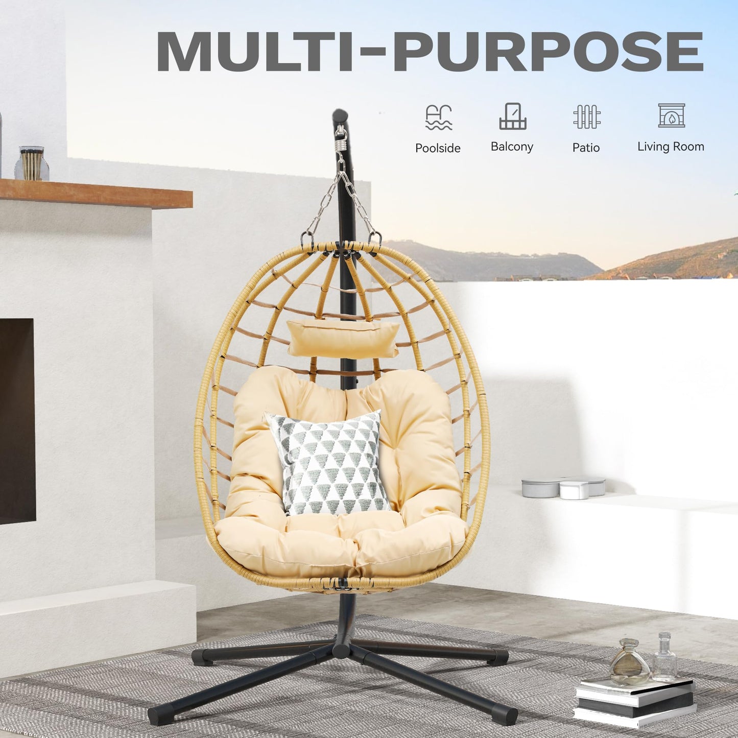 DWVO Egg Hanging Swing Chair with Stand Egg Chair Wicker Indoor Outdoor Hammock Egg Chair with Cushions 330lbs for Patio, Bedroom, Garden and Balcony, Beige