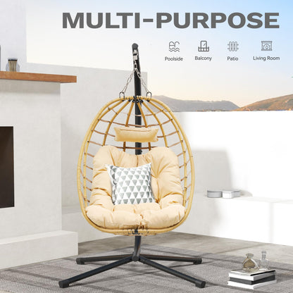 DWVO Egg Hanging Swing Chair with Stand Egg Chair Wicker Indoor Outdoor Hammock Egg Chair with Cushions 330lbs for Patio, Bedroom, Garden and Balcony, Beige