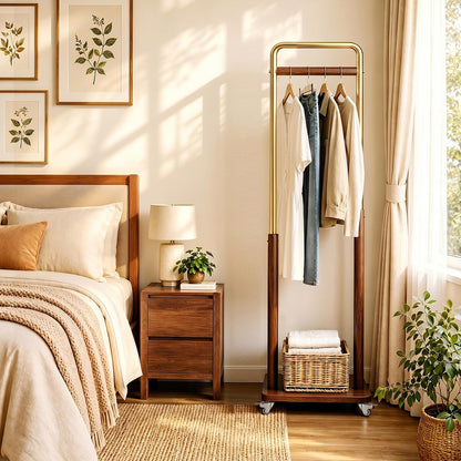 Taitiy Clothes Rack Solid Wood Coat Rack, Metal and Solid Wood Combination Clothing Rack with Wheels for Entryway, Bedroom, Living Room, Coat Racks Freestanding for Hanging Clothes Garment Scarf