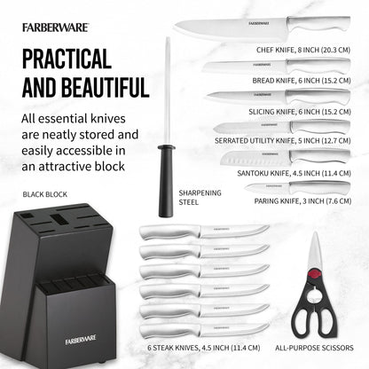 Farberware Juego de cuchillos de acero Inoxidable con sello bloque de 15 piezas