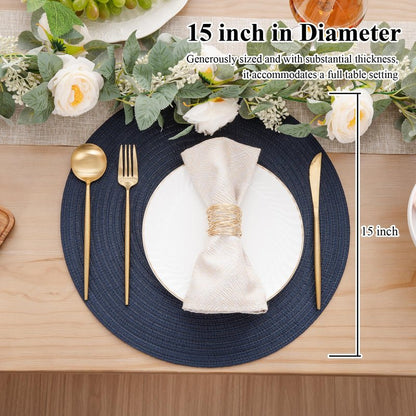SHACOS 15 inch Round Placemats Set of 12 for Dining Table Braided Circle Place Mats Kitchen Table Placemat Washable Table Mats, Navy Blue
