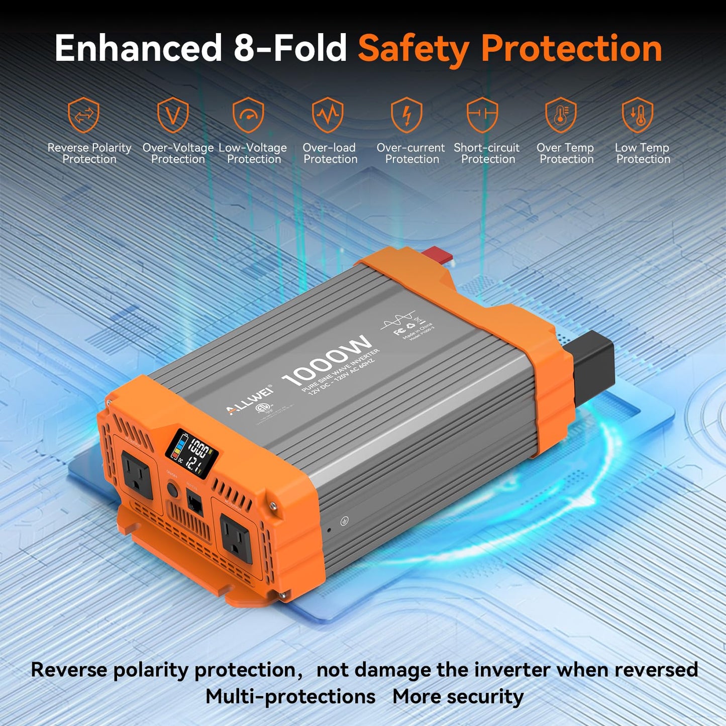ALLWEI Pure Sine Wave Inverter - 1000 Watt Inverter 12V DC to 120V AC Converter for Home, RV, Truck, Off-Grid Solar Power Inverters for Vehicles, Car Power Inverters with 2 Sockets, 2000W Peak