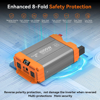 ALLWEI Pure Sine Wave Inverter - 1000 Watt Inverter 12V DC to 120V AC Converter for Home, RV, Truck, Off-Grid Solar Power Inverters for Vehicles, Car Power Inverters with 2 Sockets, 2000W Peak