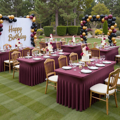 2 Pack Burgundy Spandex Table Clothes for 8 Foot Rectangle Tables, Wrinkle Free Fitted Table Cover 8ft Maroon Stretch Tablecloths with Skirt for Parties Weddings Birthday Banquet Baby Shower