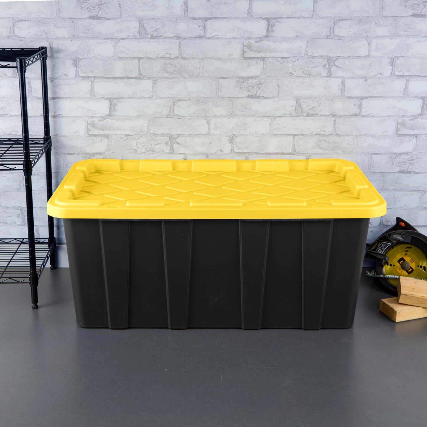Sterilite 38 Gal Industrial Tote, Stackable Storage Bin with Snap-Fit Lid for Garage, Basement & Attic Storage, Black Base and Yellow Lily Lid, 4-Pack