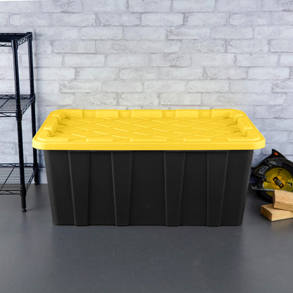Sterilite 38 Gal Industrial Tote, Stackable Storage Bin with Snap-Fit Lid for Garage, Basement & Attic Storage, Black Base and Yellow Lily Lid, 4-Pack