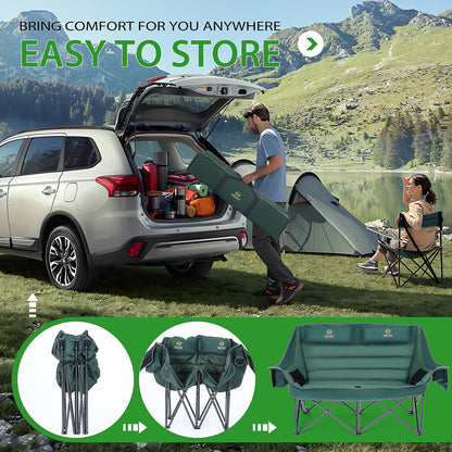Nice C Double Padded Camping Chair, Oversized Loveseat Camping Chair, Outdoor Camping Couch for Adults, Folding Bench, Lawn Chairs, Extra Padded, with Cup Holder, Cooler Bag, Bottle Opener (Green)