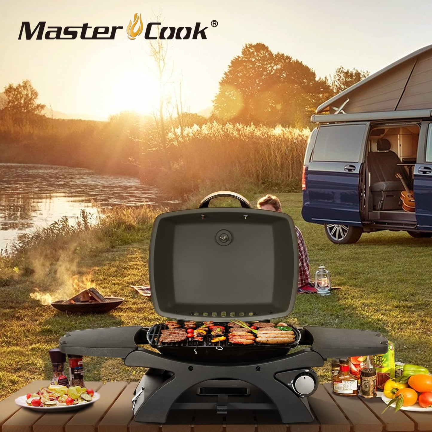 MASTER COOK Liquid Propane Grill BBQ Propane 2 in 1 Portable Tabletop Gas Grill Camping Barbecue Outdoor Cooking Grill with Cart, Black 18.7 x 14-inch 11,500 BTU