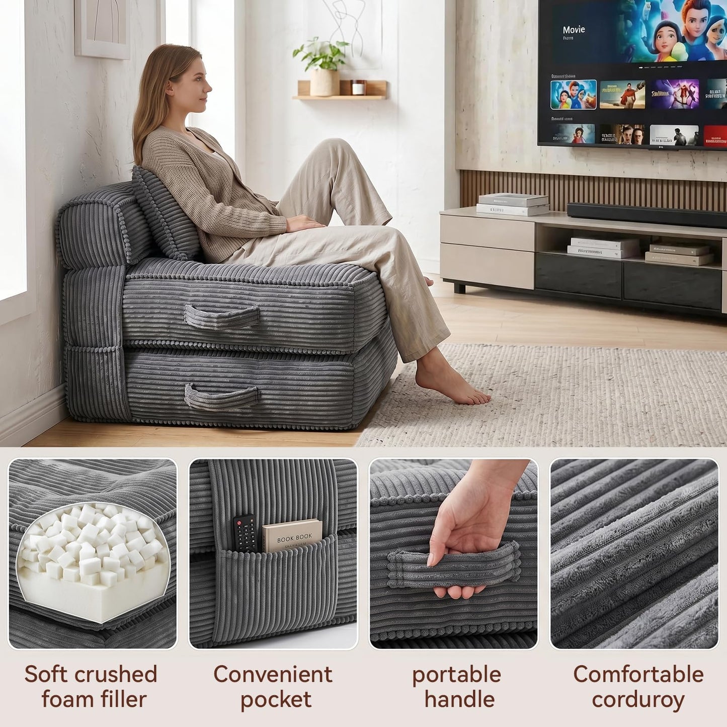 Folding Sofa Bed, Convertible Sleeper Chair with Pillow Foldable Mattress with Back Support, Portable Fold Out Chair Bed Comfy Floor Couch Lounge for Living Room Bedroom Apartment Single