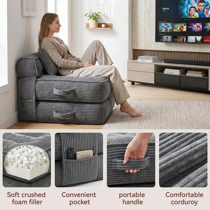 Folding Sofa Bed, Convertible Sleeper Chair with Pillow Foldable Mattress with Back Support, Portable Fold Out Chair Bed Comfy Floor Couch Lounge for Living Room Bedroom Apartment Single