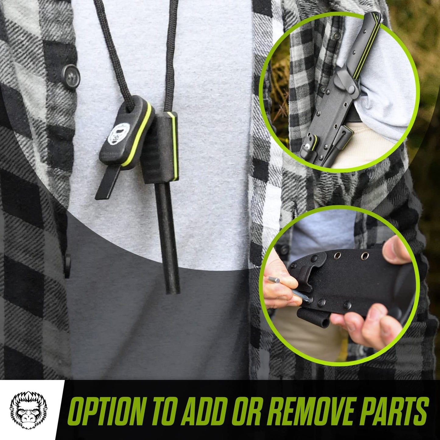 Holtzman's Gorilla Survival Bushwhacker Fixed Blade Knife with Fire Starter, G10 Scraper, and Paracord (Black+Green) - Ideal for Camping and Survival