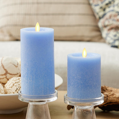 Luminara Sea Glass Flameless Candle, Cornflower 3" x 6.5", Moving LED Flame Pillar with Timer, Battery Operated, Real Wax, Unscented Home Décor