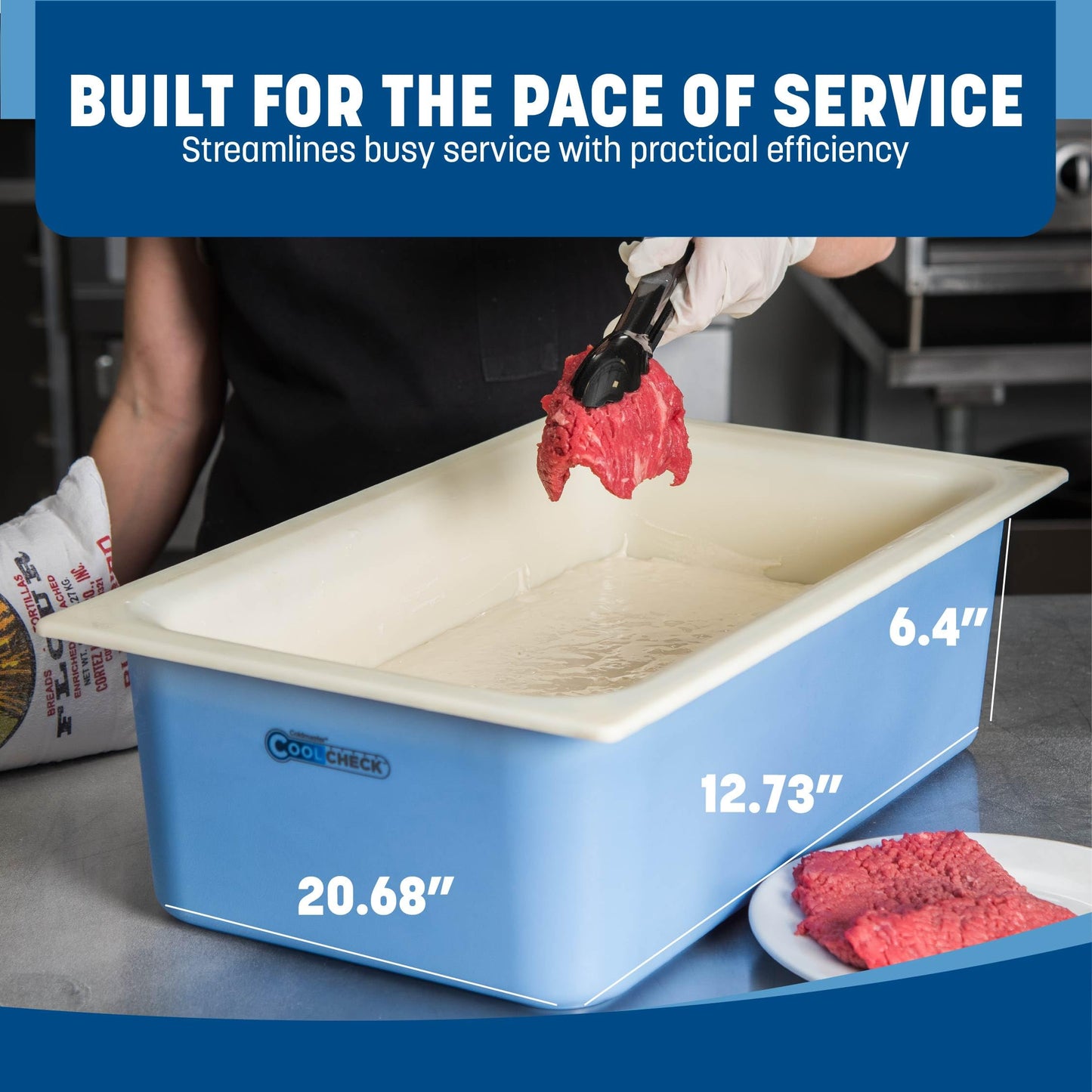 Carlisle FoodService Products Coldmaster Coolcheck Full Size Food Pan Insulated Food Pan with Refrigerant Gel Filling, Plastic, 15 Quarts, White, Blue