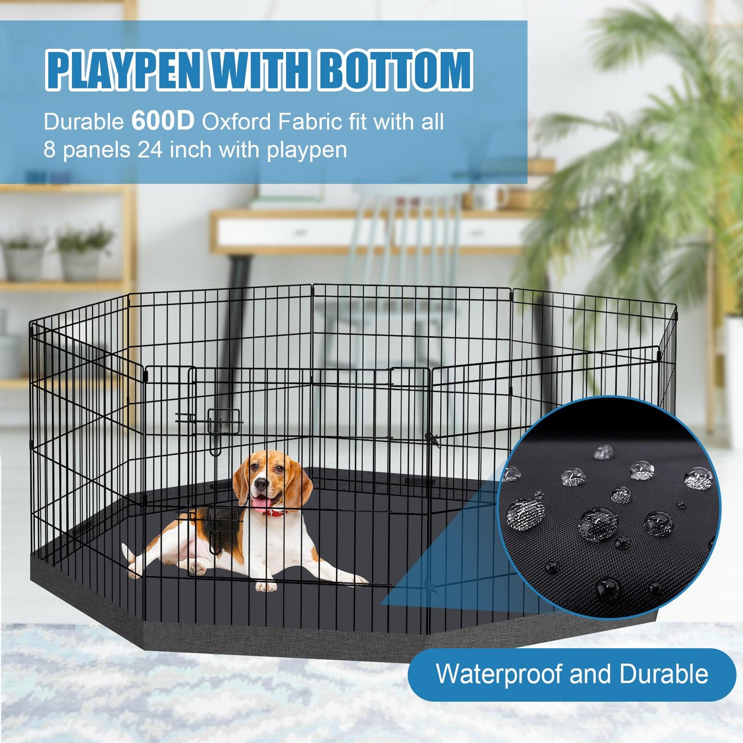 Foldable Metal Wire Dog Pen Pet Playpen Dog Fence Indoor Exercise Pen Enclosure Indoor Outdoor with Bottom Pad and Top Cover (Black 24 top Bottom Cover)