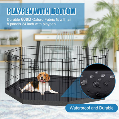 Foldable Metal Wire Dog Pen Pet Playpen Dog Fence Indoor Exercise Pen Enclosure Indoor Outdoor with Bottom Pad and Top Cover (Black 24 top Bottom Cover)