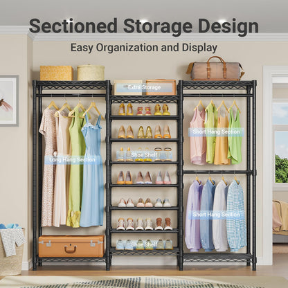 VIPEK S3 Heavy Duty Garment Rack Freestanding Clothes Rack Closet Storage Organizer Large Wardrobe with 8-Tier Shoe Rack, Hanging Rod, Adjustable Shelf, 68.9" L x 15.7" W x 76.4" H, Black