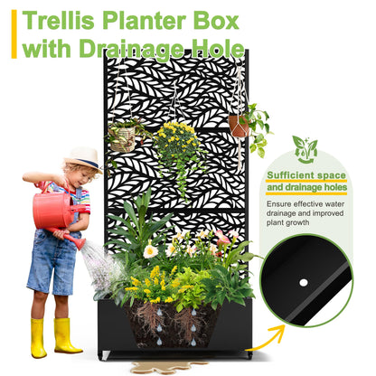 FENCY Metal Raised Garden Bed with Wheels and Trellis,73"x35"x16" Planter Box for Climbing Plants, Vegetables & Vines, Features Privacy Screen and Drainage Holes (Black-Leaf)
