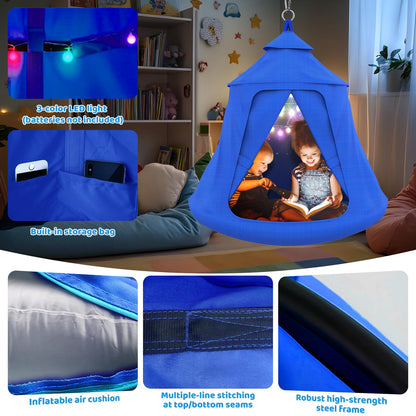 Swing Set with Tent Swing, X-Shaped Swing Frame with Sensory Swing, Metal 32mm Diameter Swing Stand with Tent Swing, 330 lbs Capacity, w/Rainbow Lights String, Indoor/Outdoor Use (Blue)