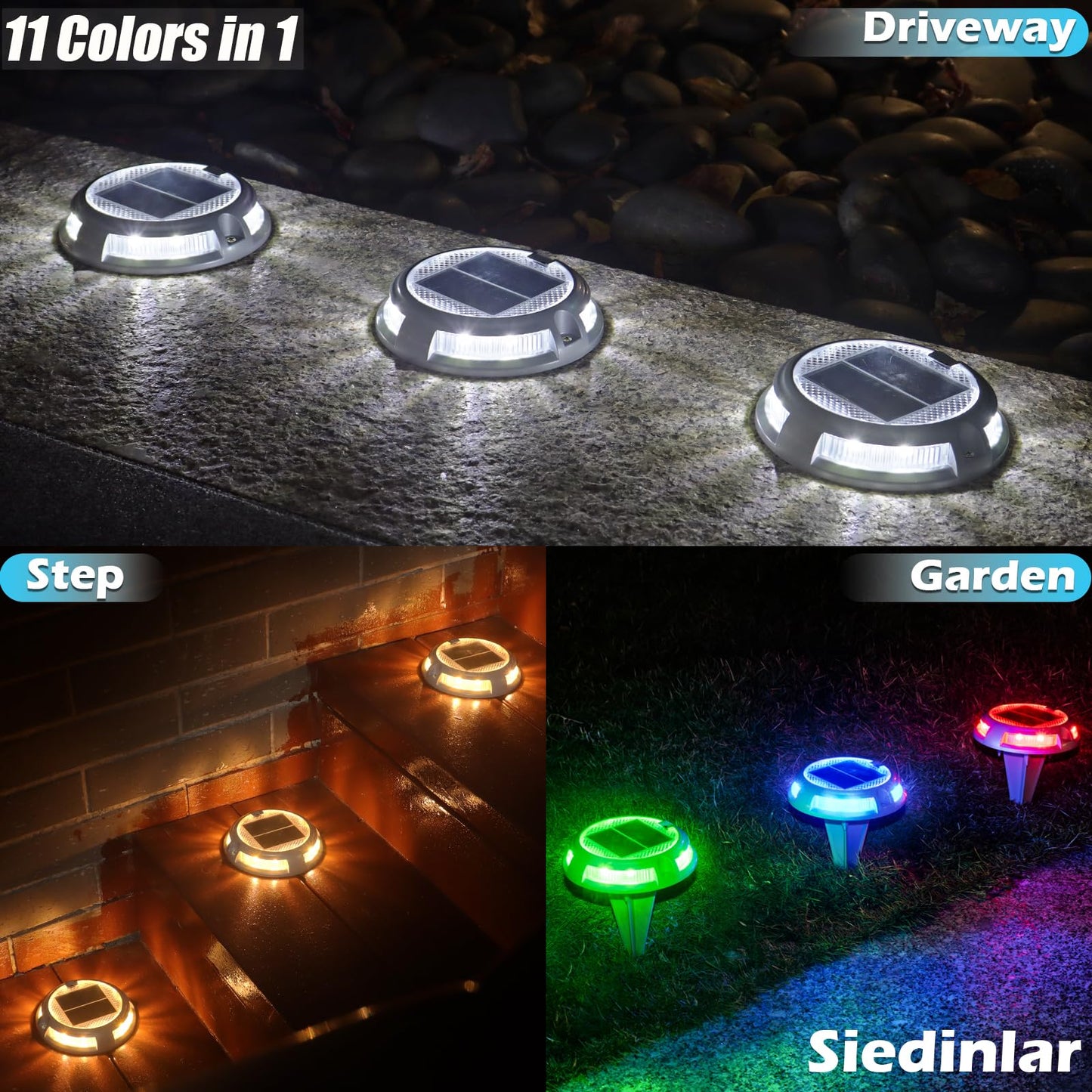 SIEDiNLAR Solar Driveway Lights Outdoor 16 LEDs 9 Modes, Dock Markers Deck Lights Waterproof Warning for Driveway Step Walkway Pathway Ground Yard Garden, RGB (12 Pack)