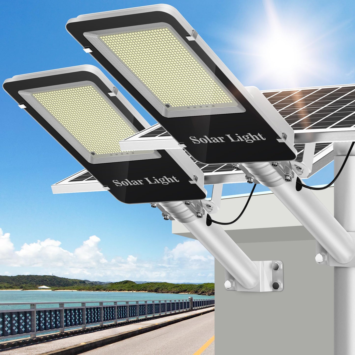 10000W Solar Street Lights Outdoor - LED 6500K Solar Lights Outdoor Dusk to Dawn, High Brightness Solar Parking Lot Lights Commercial, IP66 Waterproof Street Lights Solar Powered for Yard (2 Pack)