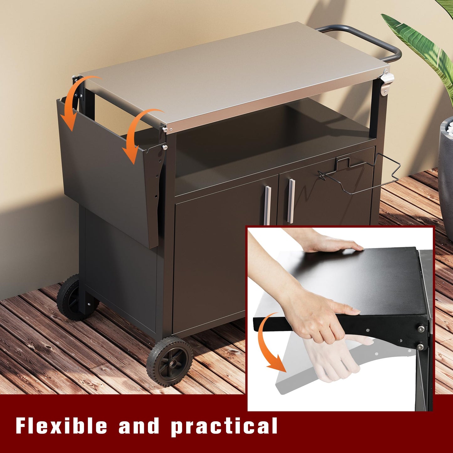 Vongrasig Outdoor Grill Cart, Patio Kitchen Island with Storage, Outdoor Bar Table BBQ Cart Pizza Oven Table with Foldable Stainless Steel Top & Wheels, Black