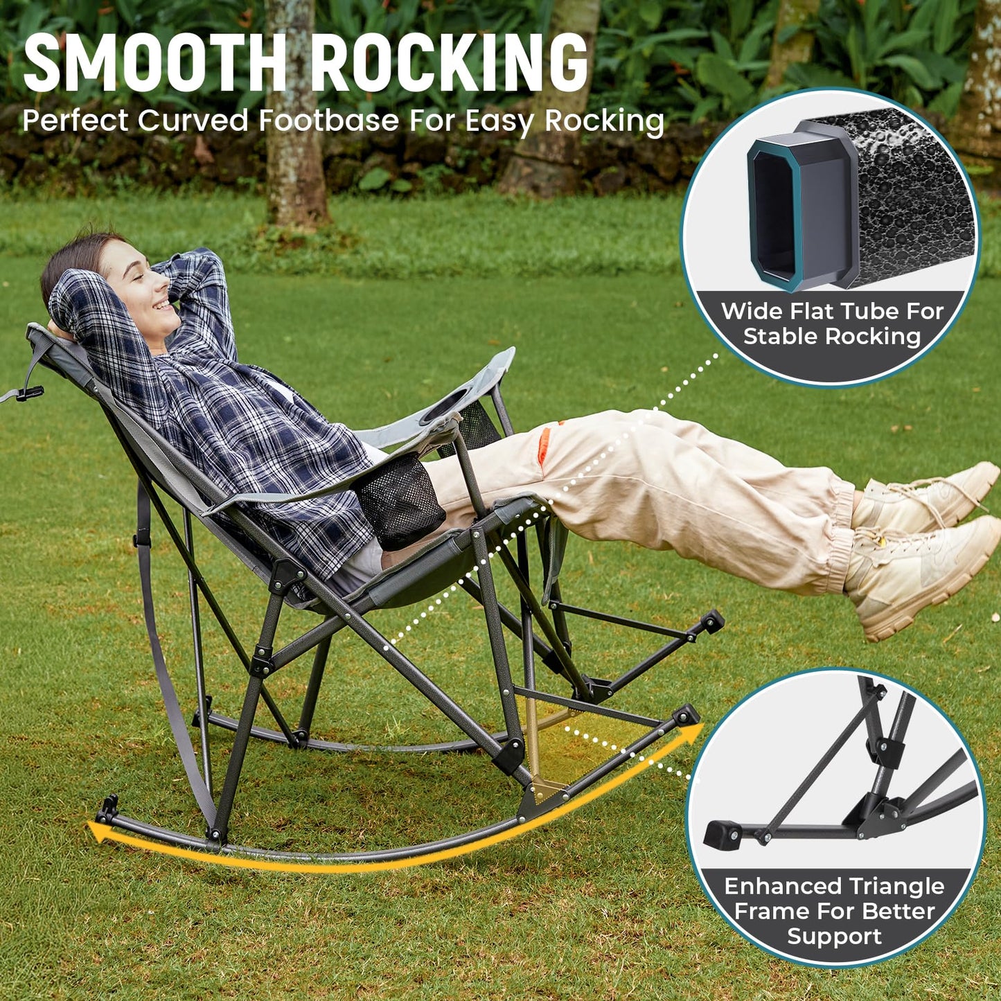 FUNDANGO Oversized Rocking Camping Chair for Adults, 2 Pack Portable Folding Lawn Chairs for Outside with Pillows, Wide Armrest, 2 Cup Holders, Carry Bag for Patio Garden Outdoor Supports 400Lbs(Gery)