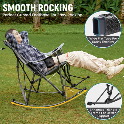 FUNDANGO Oversized Rocking Camping Chair for Adults, 2 Pack Portable Folding Lawn Chairs for Outside with Pillows, Wide Armrest, 2 Cup Holders, Carry Bag for Patio Garden Outdoor Supports 400Lbs(Gery)