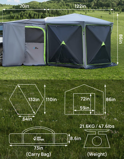 JOYTUTUS Dual-Use Pop up SUV Tent for Camping, 11FT x 11FT Big Space 2 Rooms Car Tent for Family, Outdoor Gazebo with 4 Sides Screen, 2 Doors, Portable Carry Bag, Gray Green