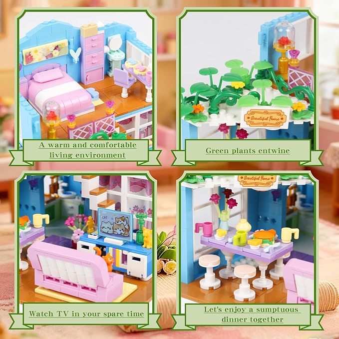 730PCS Pink Cat's House Building Blocks KitDream Villa Architecture STEM Toys Friends Building Set with LED LightUnique Educational Birthday Gift for 14+ GirlsBoys or Adults