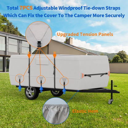 True 900D Oxford Tearproof Anti-Scratch Pop Up Camper Tent Trailer Cover 100% Waterproof Anti-UV Folding Camping Trailer RV Cover with 7 PCS Reinforced Windproof Straps for Motorhome (Gray, 14'-16')