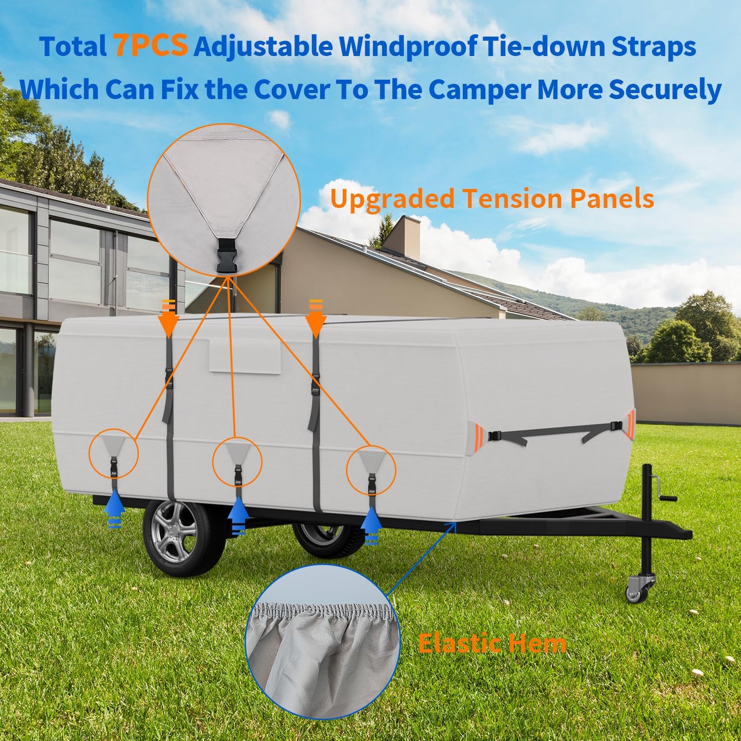 Tuszom True 900D Oxford Anti-Scratch Pop Up Camper Trailer Cover, Upgraded Waterproof Anti-UV Folding Camping RV Cover, Fit 12'-14' with 7 PCS Reinforced Windproof Straps for Motorhome