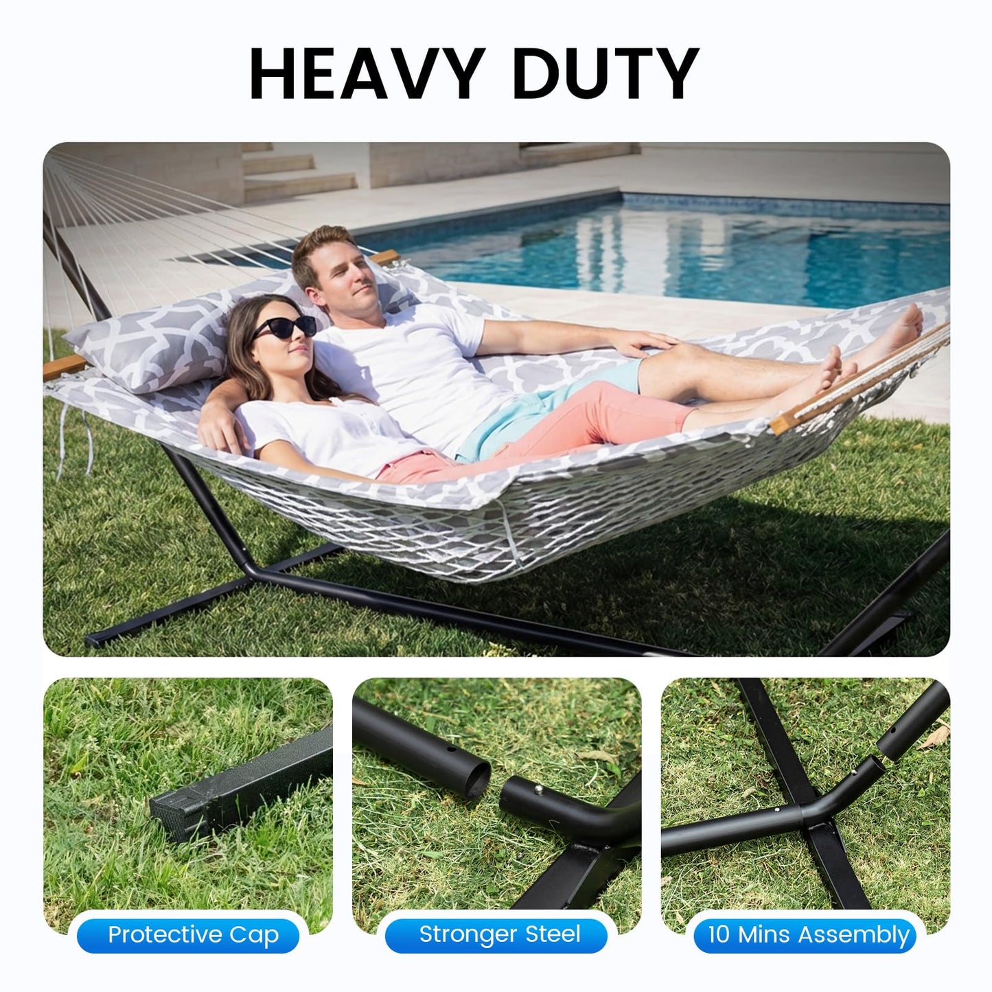 ANAGOO Double Hammock with Stand – Portable Cotton Rope Hammock with Removable Quilted Pad & Pillow, Adjustable Steel Frame for Patio, Backyard, Garden, Park, Camping & Outdoor Relaxation – White Gray