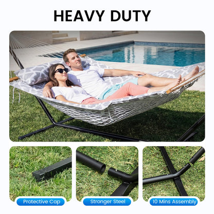 ANAGOO Double Hammock with Stand – Portable Cotton Rope Hammock with Removable Quilted Pad & Pillow, Adjustable Steel Frame for Patio, Backyard, Garden, Park, Camping & Outdoor Relaxation – White Gray
