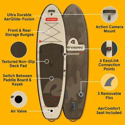 Retrospec Weekender Plus 10'6" Inflatable Paddle Board - Lake Essentials iSUP Bundle with Carrying Case, Adjustable Paddle, Pump & Fins - Stable Double-Layer PVC Design for All Skill Levels