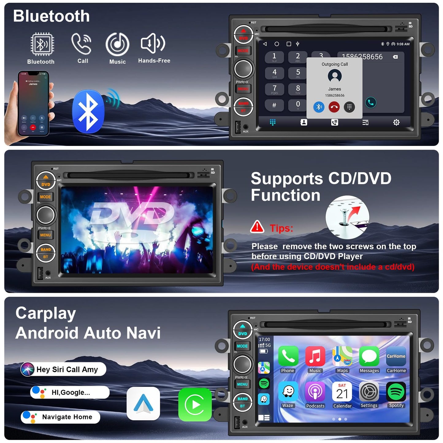 Car Radio Stereo CD DVD Wireless CarPlay Andriod Auto Navi with Camera SWC for Ford F150/F250/F350 2004-2014 /Mustang Edge Explorer Expedition E150 E250 /Mercury Milan/Lincoln Navigator Mark LT