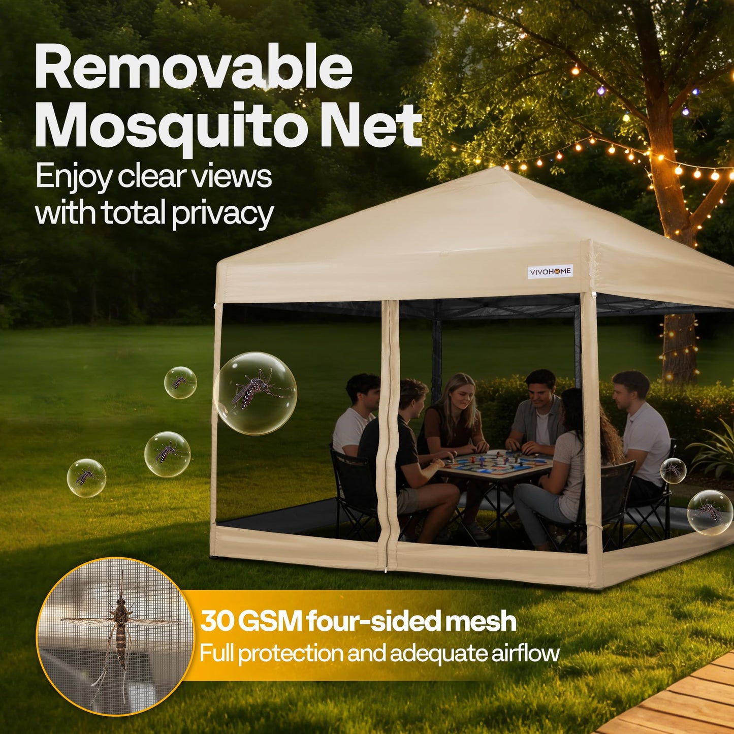 VIVOHOME 10x10ft Easy Pop-Up Canopy, Outdoor Screen Tent with Mosquito Netting, 2 Zipper Doors, and Roller Bag for Yard Camping Picnic Party Events, Beige