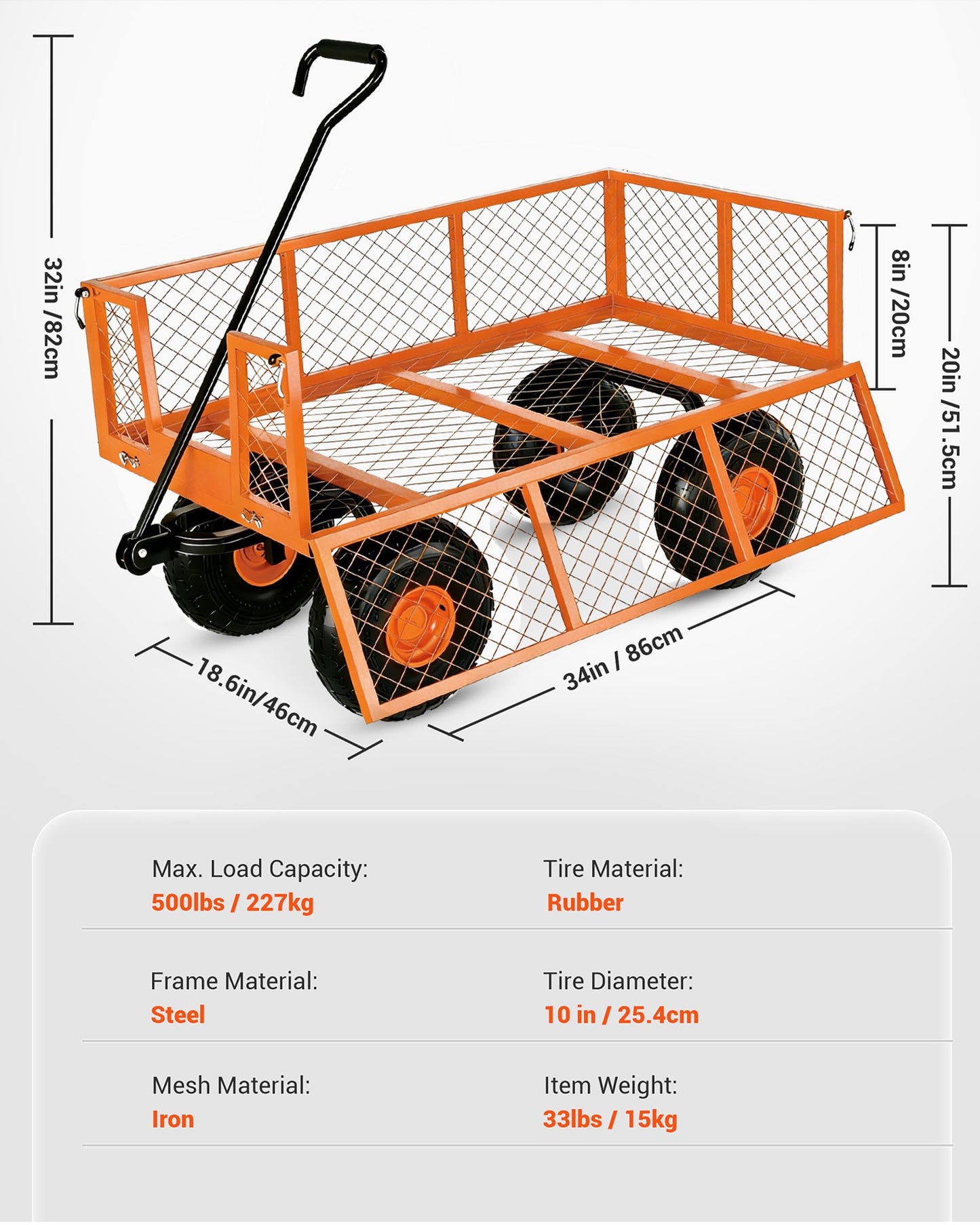 Garvee Steel Garden Cart, 500 LBS Capacity Utility Outdoor Wagon, Heavy Duty Mesh Garden Metal Wagon with Removable Sides, Flexible Handle for Yard, Lawn, Garden