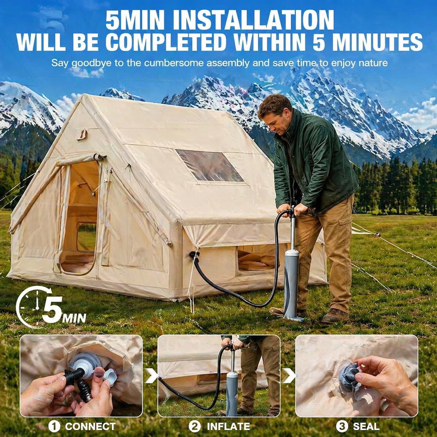 Gouyu 4-6 Person Inflatable Camping Tent, Panoramic TPU Skylight & Privacy Cover, 420D Oxford Waterproof UPF30+, PVC Air Beams, Mesh Ventilation, 5-Min Quick Setup Blow Up Tent for Family (A)