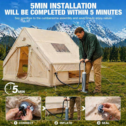 Gouyu 4-6 Person Inflatable Camping Tent, Panoramic TPU Skylight & Privacy Cover, 420D Oxford Waterproof UPF30+, PVC Air Beams, Mesh Ventilation, 5-Min Quick Setup Blow Up Tent for Family (A)