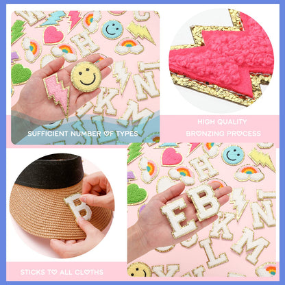 Geosar 54 Pcs 2.17 Inch Self Adhesive Chenille Letters Patches Pink Iron on Patches Preppy Embroidered Stickers for Clothing Backpack Bag Back to School Gifts(2.17 Inch,White Letter)