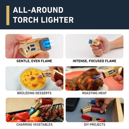 inZaynity Quad Torch Lighter - Kitchen Butane Torch & Butane Lighter for Cooking, Baking, and Soldering - Adjustable Flame Control & Safety Lock Kitchen Torch (Gold Brown) - Butane NOT Included