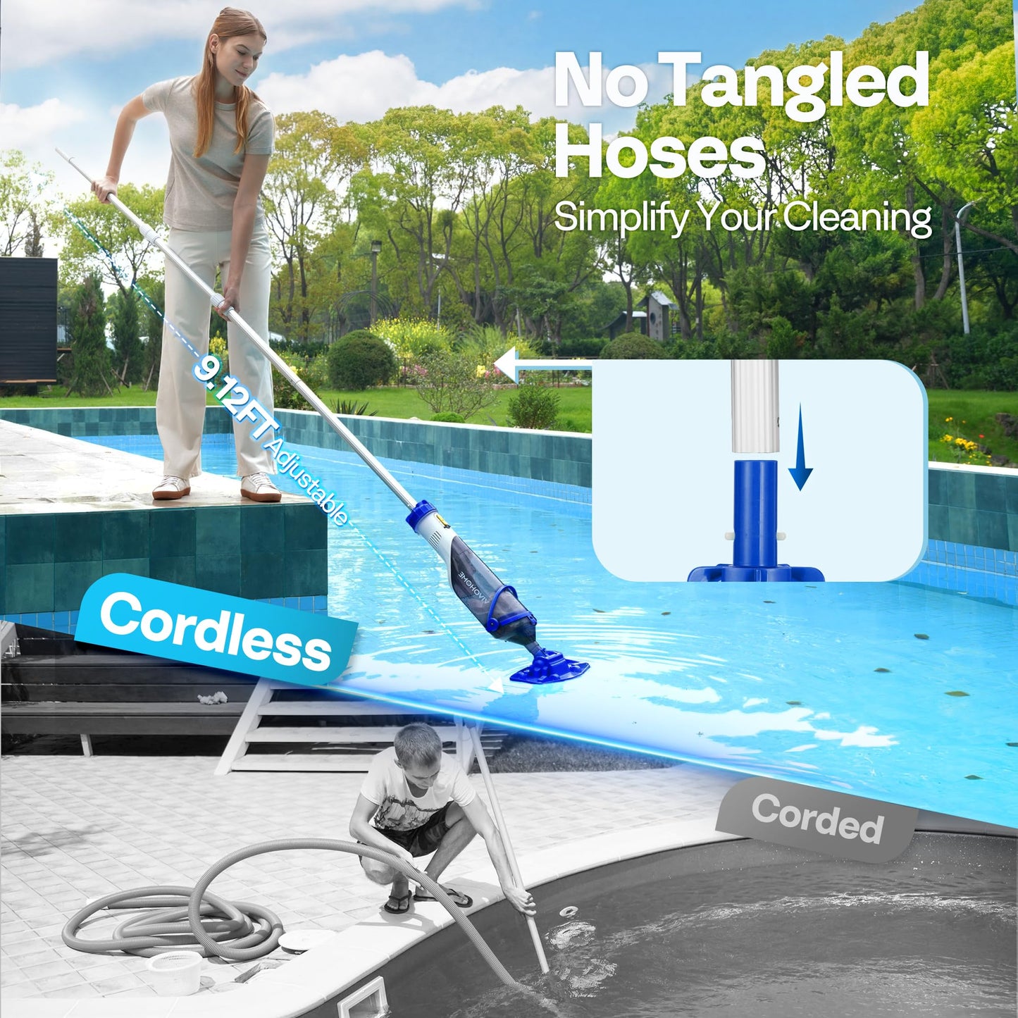 VIVOHOME Handheld Pool Vacuum 1110GPH Suction Cordless Pool Cleaner 40W Powerful Motor Long-Run 60min Battery, Adjustable 9.12FT Pole for Above Ground & In-Ground Pools, Spas - Blue