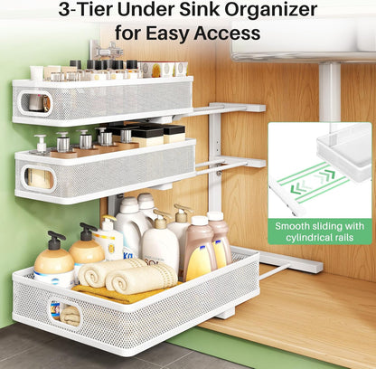 Kitstorack Under Sink Organizer - 2-Pack Adjustable Metal Cabinet Shelf | Slide-Out Storage for Kitchen & Bathroom