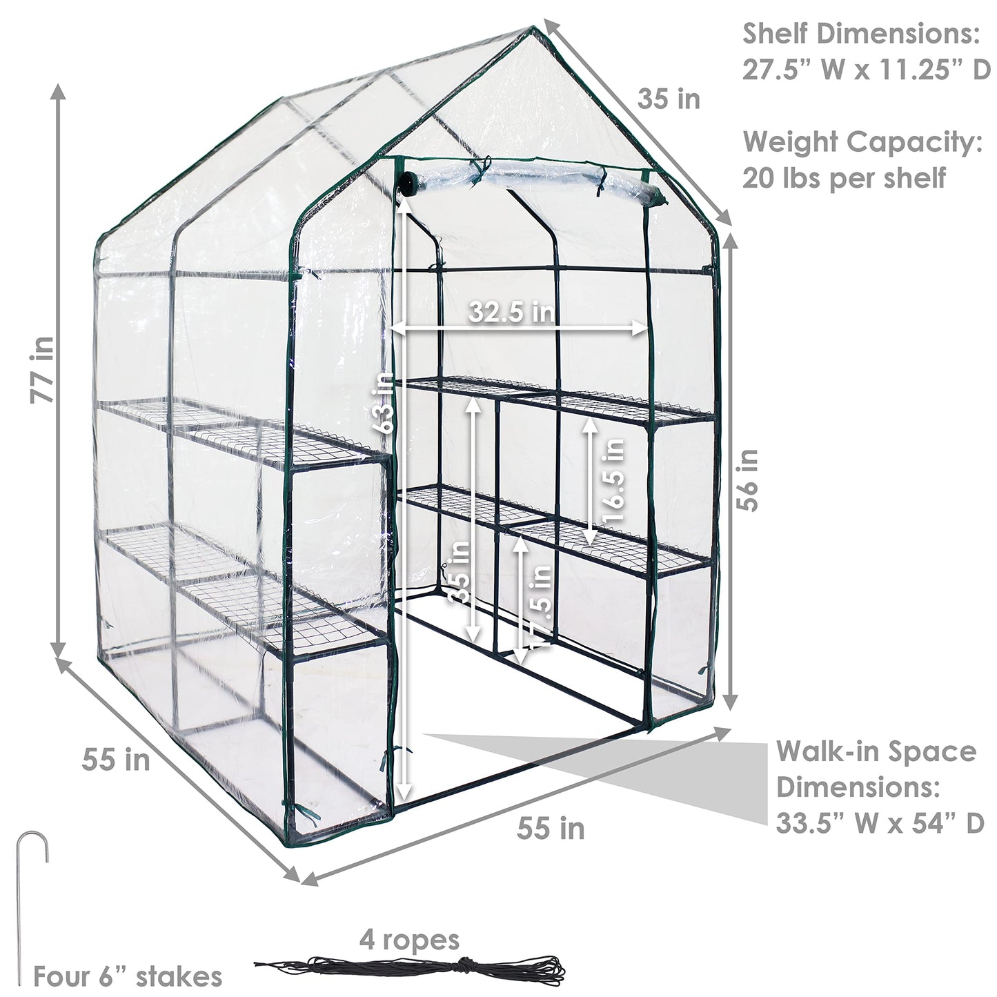 Sunnydaze Portable Outdoor Grandeur Walk-in Greenhouse with 4 Steel Wire Shelves and Roll-Up Door - Clear
