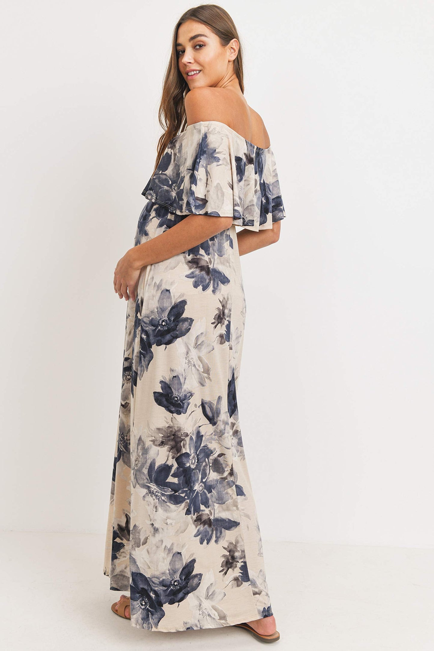 Women's Off Shoulder Ruffle Maxi Maternity Dress (Taupe/Navy Floral, L)